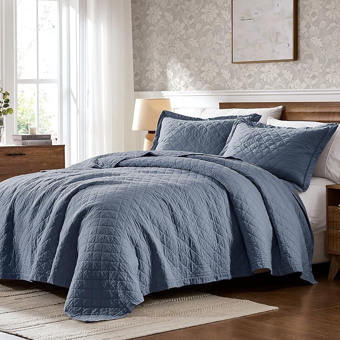 WDCOZY 100% Pre-Washed Cotton Twin Size Quilt Set - Dusty Blue Ruffle Box Soft Lightweight Bedspread, Textured Like Linen, Farmhouse Country Rustic Coverlet, Shabby Chic Gauze Bedding, 2 Pieces