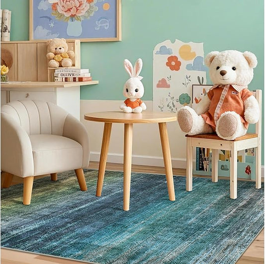 Kokia Abstract Washable Area Rug Living Room Washable 4x6 Non-Slip Stain Resistant Bohemian Rug Soft Indoor Vibrant Blue Carpet for Bedroom Room Decor, Oslo Teal