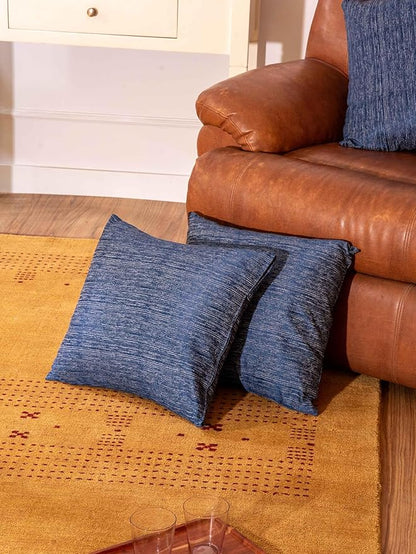 Decorative Cushion Covers, 360 GSM Poly Cotton Jacquard Fabric, Plain Solid Textured, Dark Blue, 16" x 16", Handmade, Eco-Friendly, Pack of 2