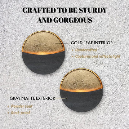 Eclipse Candle Sconces Set of 2 - Modern Gray Metallic Wall Candle Holders with Gold Foil Interior, Christmas Wall Decor for Living Room, Bedroom, or Modern Farmhouse Decor