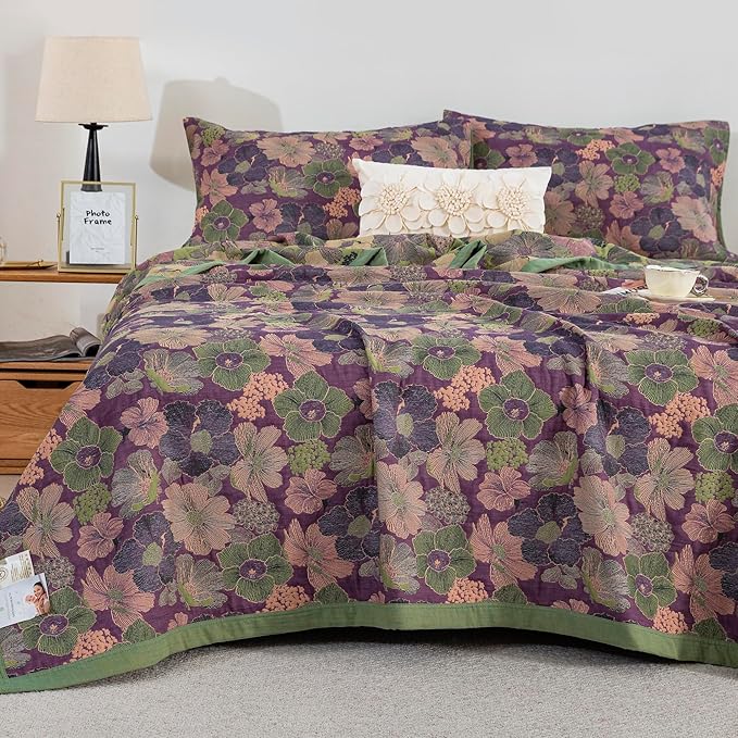 100% Cotton Muslin Jacquard 3 Piece Quilt Set Floral Peach Blossom Print, Soft 3 Layers Gauze Bed Cover Reversible Bedspread Coverlet Breathable Lightweight Bedding Set, King