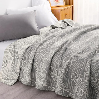 NTBAY 3 Layers Cotton Muslin 68x92 Twin Bed Blanket, Super Soft Breathable Thermal Yarn Dyed Quilt for Adults, Perfect Lightweight Blanket for Couch Sofa Bed All Seasons, Dark Grey Leaf