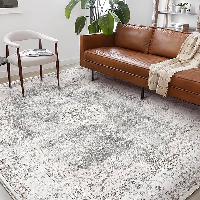 Washable Area Rug 8'x10' Retro Boho Design Non-Shedding Non-Slip Easy Care Ideal for High Traffic Areas in Living Room Bedroom Office Coffee Table Kitchen Large Carpet