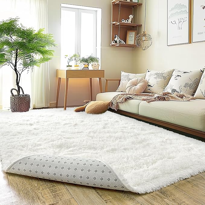 Ultra Fluffy Rug for Living Room Bedroom, 5x7 Fuzzy Large Area Rug for Living Room, Plush Soft Shag Carpet for Girl Boy Kids, Non Slip Rug Modern Indoor Home Decor Aesthetic, Cream White