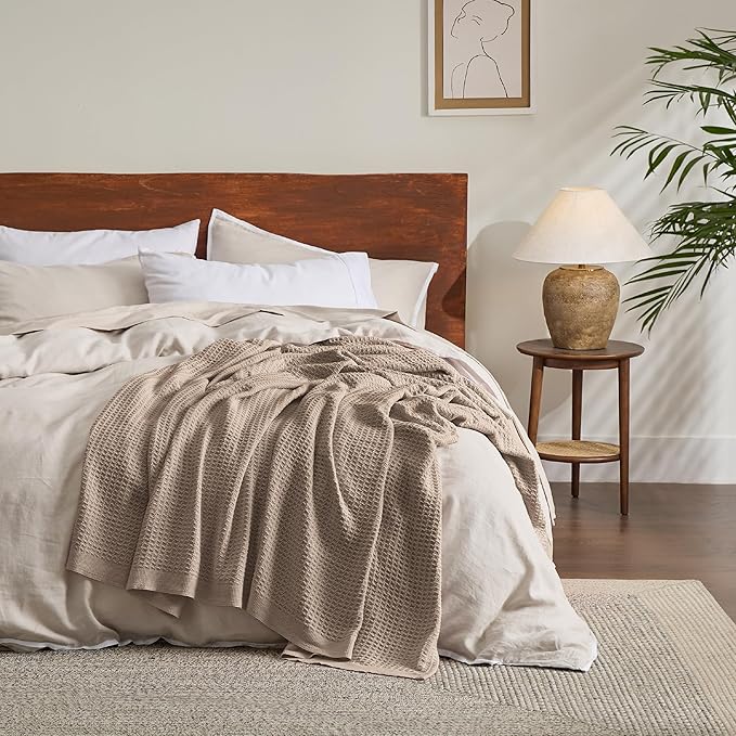 Bedsure Gentlesoft 100% Cotton Large Throw Blanket for Couch 50x70 inches - Breathable and Soft, Waffle Weave Throw Blanket for Office, Light Brown