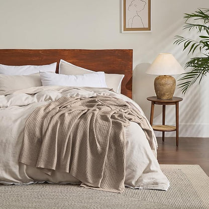 Bedsure Gentlesoft 100% Cotton Large Throw Blanket for Couch 50x70 inches - Breathable and Soft, Waffle Weave Throw Blanket for Office, Light Brown