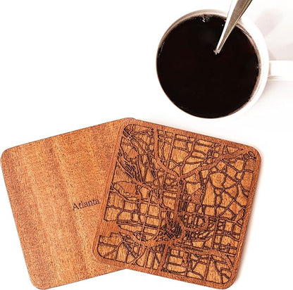 Atlanta Map Coaster by O3 Design Studio, Set Of 4, Sapele Wooden Coaster With City Map, Handmade