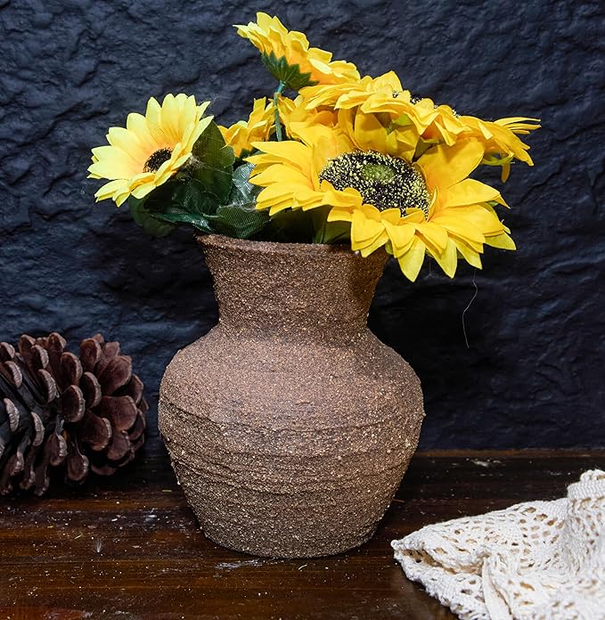 Rustic Wide Mouth Ceramic Flower Vase - Vintage Farmhouse Style Decor, Handmade Clay Pottery Terracotta Textured for Living Room, Office Desk Table Shelf (Dark brown3)
