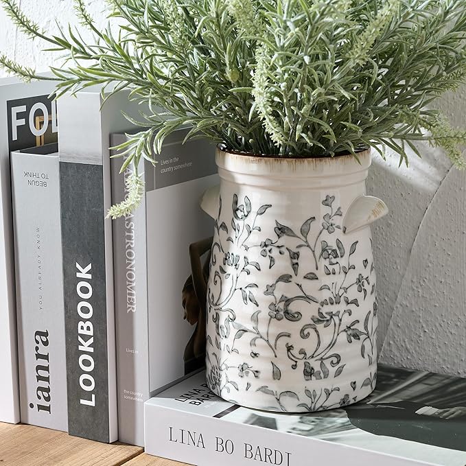 SIDUCAL Ceramic Gray and White Vase with 2-Ear, 8 Inch Ice Cracked Vintage Pastoral Vase, Rustic Farmhouse Vases for Home Decor, Table, Living Room, Shelf Decor, Chinoiserie Decor, Gray Floral Pattern