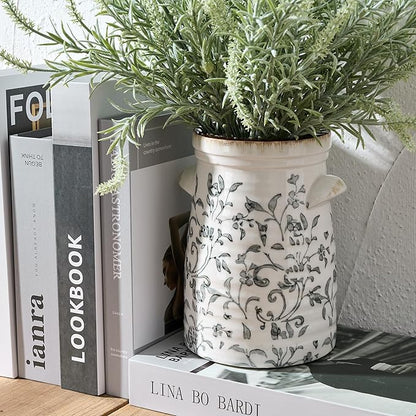 SIDUCAL Ceramic Gray and White Vase with 2-Ear, 8 Inch Ice Cracked Vintage Pastoral Vase, Rustic Farmhouse Vases for Home Decor, Table, Living Room, Shelf Decor, Chinoiserie Decor, Gray Floral Pattern