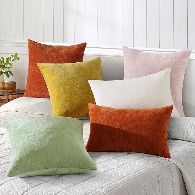 decorUhome Chenille Blush Pink Spring Throw Pillow Covers 22x22 Inch Set of 2, Decorative Soft Couch Pillow Covers Solid Dyed Accent Farmhouse Neutral Square Pillow Cases for Sofa