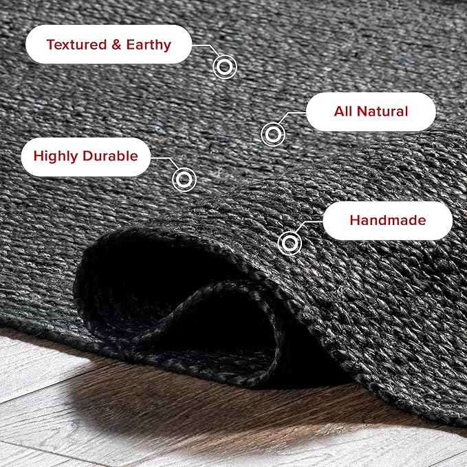 nuLOOM 10x14 Rigo Jute Hand Woven Area Rug, Black, Solid Farmhouse Design, Natural Fiber, For Bedroom, Living Room, Dining Room, Hallway, Office, Kitchen, Entryway