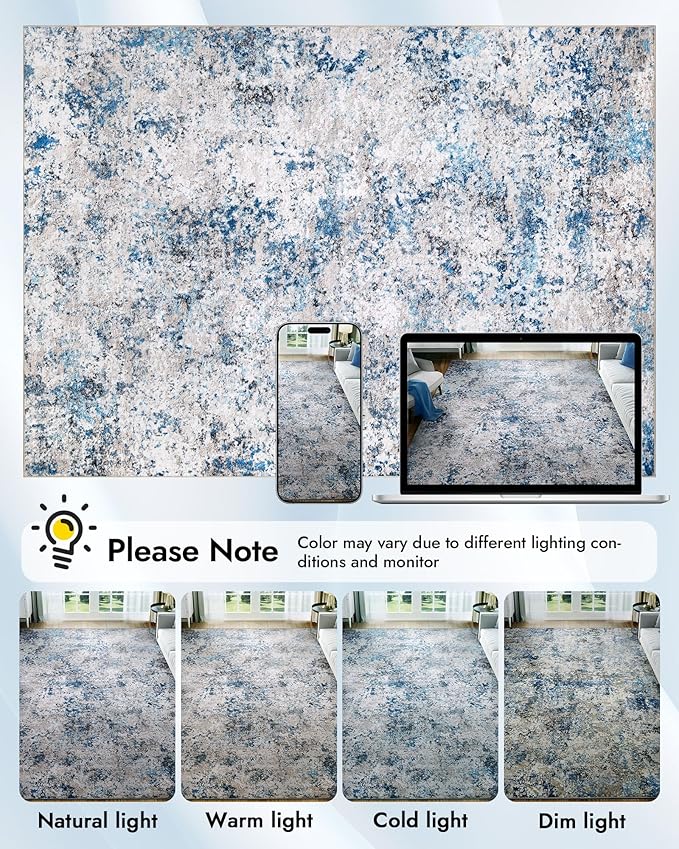 Modern Abstract Washable Runner Rugs - 2x8 Soft Long Rug Stain Resistant Non Slip Low Pile Accent Carpet for Indoor Entryway Hallway Kitchen Laundry - Grey/Blue