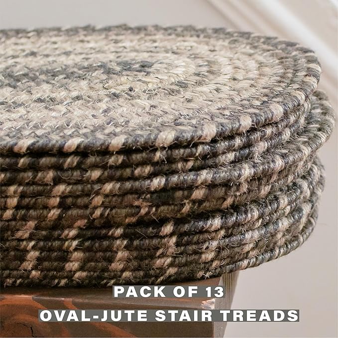 Homespice Flint Hill Jute Braided Staircase Step Treads, Warm Primitive Decor, Set of 13, Grey 8x28 Oval Rug for Stairs - Easy to Clean, Tightly Stitched and Durable