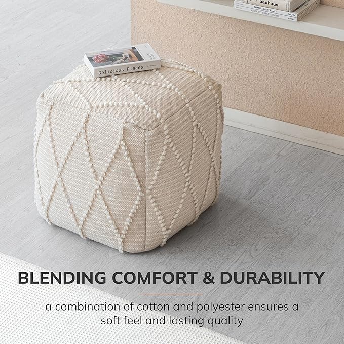 Anji Mountain 100% Handmade & Handcrafted Comfortable Home Décor Pouf Ottoman Footrest for Living Room, Bedroom, Nursery, Kidsroom, Patio Furniture - (19" x 19" x 17"- Ivory)