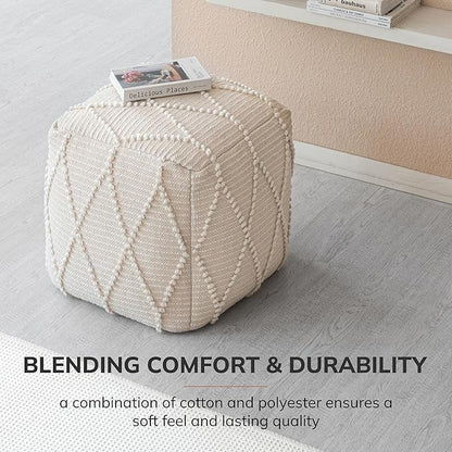Anji Mountain 100% Handmade & Handcrafted Comfortable Home Décor Pouf Ottoman Footrest for Living Room, Bedroom, Nursery, Kidsroom, Patio Furniture - (19" x 19" x 17"- Ivory)