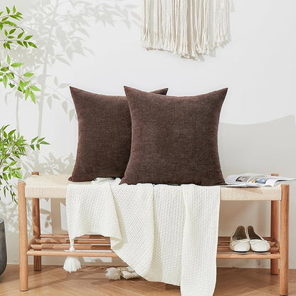 GAWAMAY Decorative Chenille Throw Pillow Covers 26x26 Inch Pack of 2, Soft Square Couch Pillow Cover for Sofa Cushion Living Room Bedroom Solid Dyed Oversized Pillowcases Coffee 66x66cm (ONLY Covers)