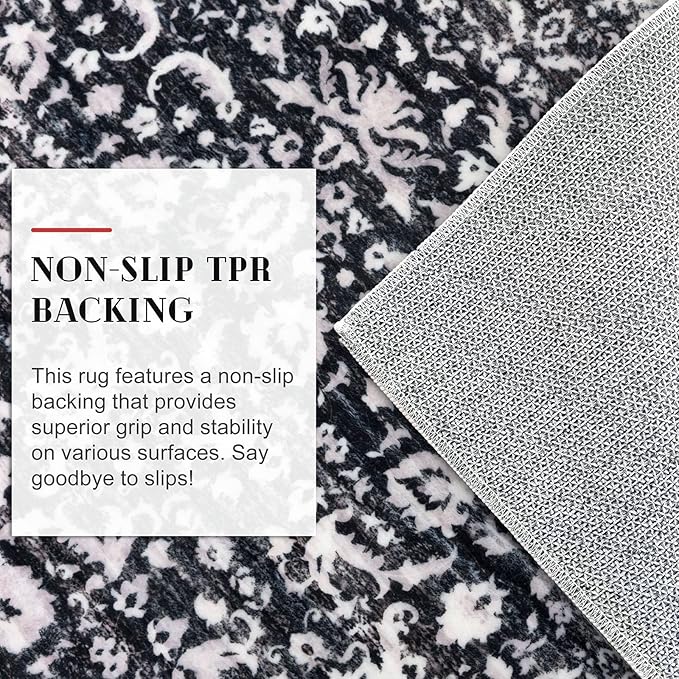 Vintage Floral 2x6 Runner Rug, Black and White Washable Kitchen Runner Rug Non-Slip Hallway Rug Runner Boho Thin Printed Faux Wool Super Soft Carpet for Entryway Bedroom Laundry Room Indoor