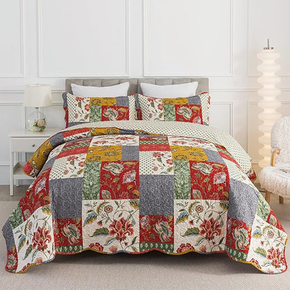 HoneiLife Queen Quilt Bedding Sets - Floral Quilt Bedding Sets 3-Piece 90x96, Microfiber Reversible Bedspreads Patchwork Coverlet Nostalgic Bedding Set All Season Quilts