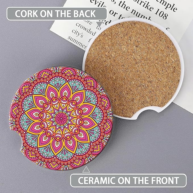 Boho Mandala Car Coasters for Women 2 Pack,Vintage Flower Ottoman Absorbent Car Coasters for Cup Holders Insert Ceramic Anti Slip with Finger Notch & Cork Base Auto Accessories Gifts