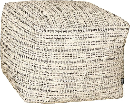 Chardin home Unstuffed Ottoman, Cozy & Bohemian Pouf Covers, Hand Crafted Casual Seating, Footrest, Square Floor Pillow for Home, Office, Bedroom, Living Room, 16.5" x 16.5"x 12.9", Black-Off White