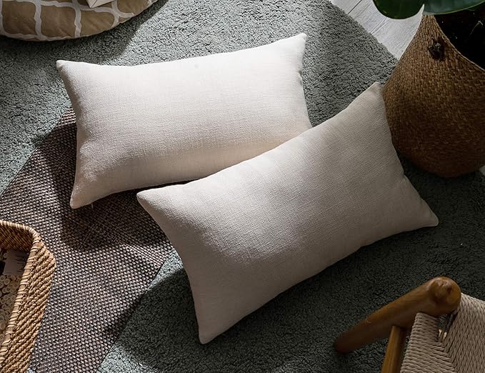 Stellhome Rectangle Burlap Throw Pillow Covers Solid Farmhouse Linen Pillowcase for Bed Couch Sofa Bench, Set of 2, 12 x 20 inch (30 x 50 cm), Cream