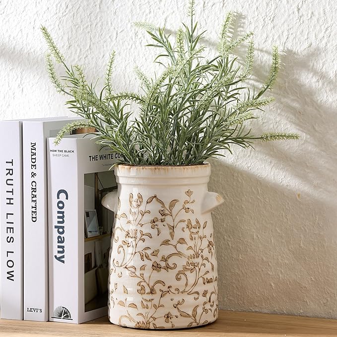 SIDUCAL Ceramic Rustic Vase with 2-Ear, 7.6 Inch Ice Cracked Vintage Pastoral Vase, Rustic Farmhouse Vases for Home Decor, Table, Living Room, Shelf Decor, Chinoiserie Decor, Brown Floral Pattern