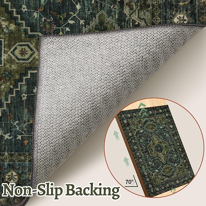 Tangsoo 8x10 Area Rugs for Living Room, Washable Rugs Oriental Vintage Indoor Non Slip Large Area Rugs, Print Carpet, Soft Low Pile Rug Foldable Floor Rug for Bedroom Dining Room Dorm Olive Green