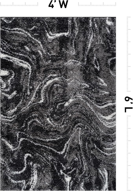 Rugshop Abstract Marble Shag Area Rug Anthracite Dark Gray 4' x 6' Ideal for Small Living Rooms, Offices, or Beside The Bed