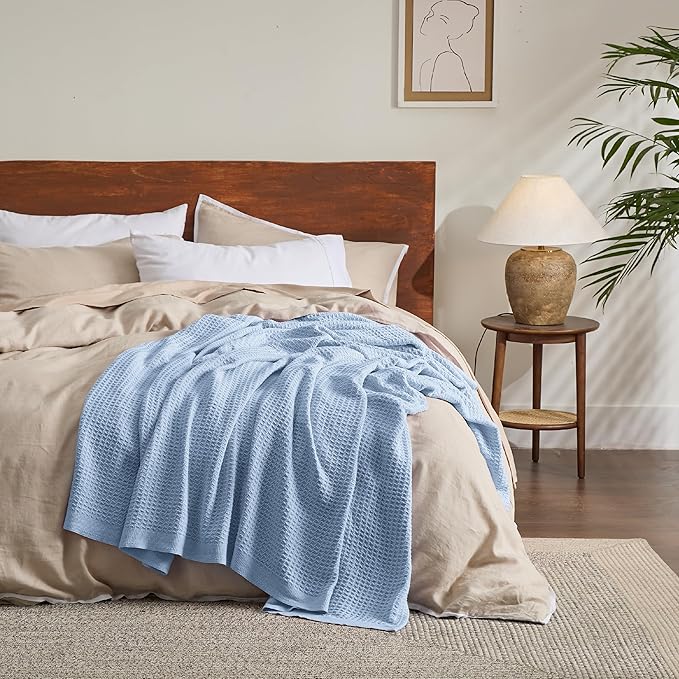 Bedsure Gentlesoft 100% Cotton Large Throw Blanket for Couch 50x70 inches - Breathable and Soft, Waffle Weave Throw Blanket for Office, Sky Blue