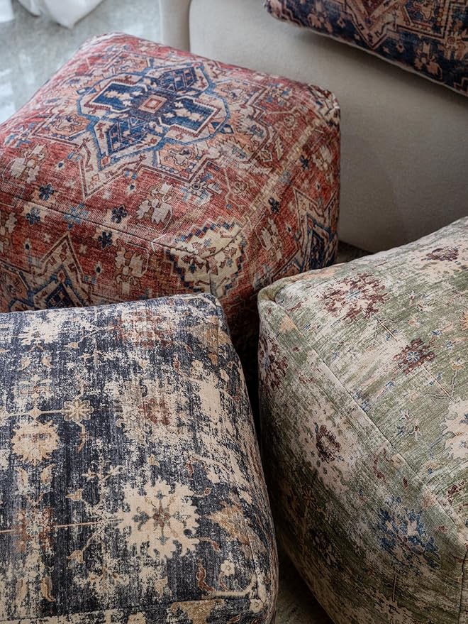 L. R. Resources, Inc. LR Home Vintage Floral Square Indoor Medium Pouf Ottoman, Taupe | Power-Loomed Polyester Foot Rest for Bedroom & Living Room Decor | 18 x 18 x 18 Filled Pouf for Seating