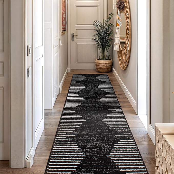 Rugshop Bohemian Stripe Stain Resistant High Traffic Living Room Kitchen Bedroom Dining Home Office Runner Rug 2' x 10' Black