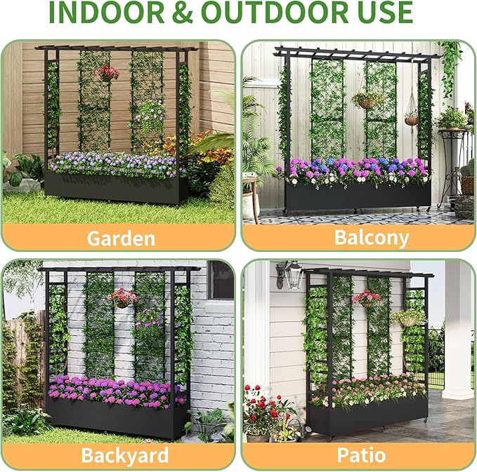 Raised Garden Bed with Trellis & Hanging Roof, Weatherproof Metal Planter Box with Wheels, Garden Arch Trellis for Outdoor Climbing Plants Vines Flowers, 74" H x 77" L x 17" W, Black