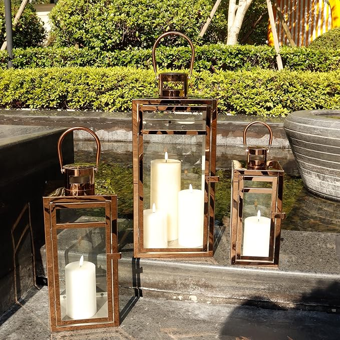 TRIROCKS Set of 3 Stainless Steel Candle Lantern 19'' High Metal Candle Holder with Clear Glass Panels Perfect for Home Decor Living Room Parties Events Tabletop Indoors Outdoors (Rose Gold)