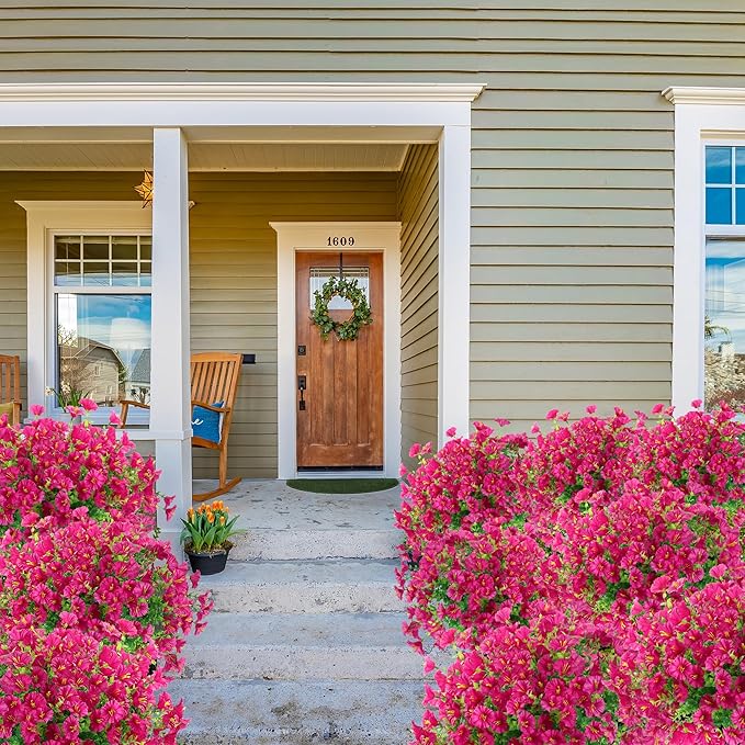 Artificial Flowers for Outdoors 12 Bundles Realistic Faux Plants UV Resistant Fake Silk Morning Glory with Eucalyptus for Front Door Planter Patio Porch Outside Spring Summer Decoration (Magenta)