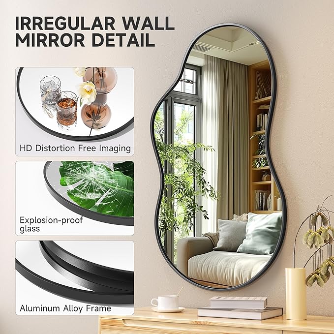Hasipu Irregular Wall Mirror - 25"x45" Asymmetrical Mirror, Modern Decorative Mirrors for Living Room, Entryway, Hallway, Bathroom, Bedroom,Wall Mounted Home Decor (Black)