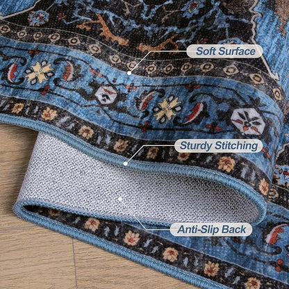 Tangsoo Blue 5x7 Area Rug Washable Rugs for Living Room, Oriental Indoor Non Slip Large Area Rugs, Vintage Print Carpet, Soft Low Pile Foldable Floor Rug for Bedroom Dining Room Dorm Blue/Black