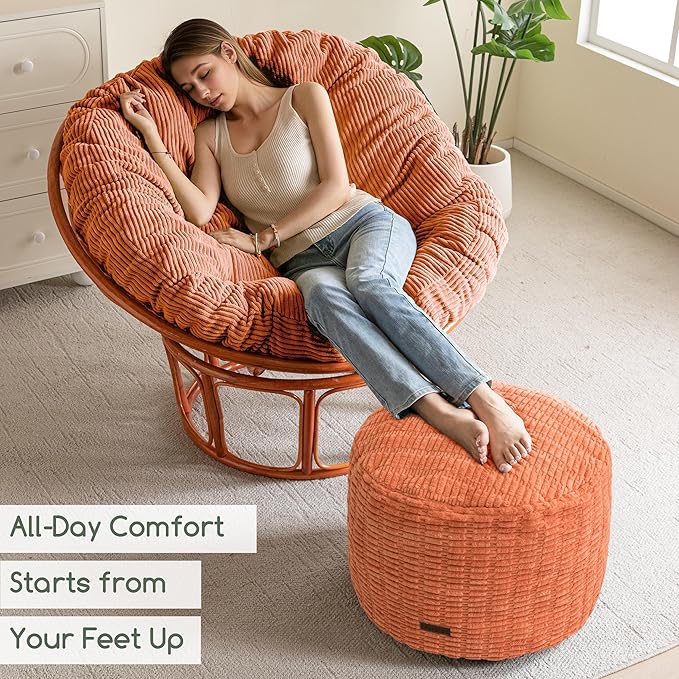 HIGOGOGO Pouf Ottoman Stuffed Round Modern Foam Filled Foot Rest Poufs for Living Room Chair Decorative 26 X 18 Inches Boho Relax Stool for Wedding Christmas Party, Coral Orange