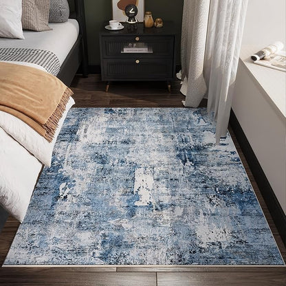 Rugcomf 3x5 Area Rug Blue Soft Abstract Boho Vintage Pattern Non-Slip Non-Shedding Faux Wool Washable for Bedside, Bedroom, Kitchen, Floor, Indoor