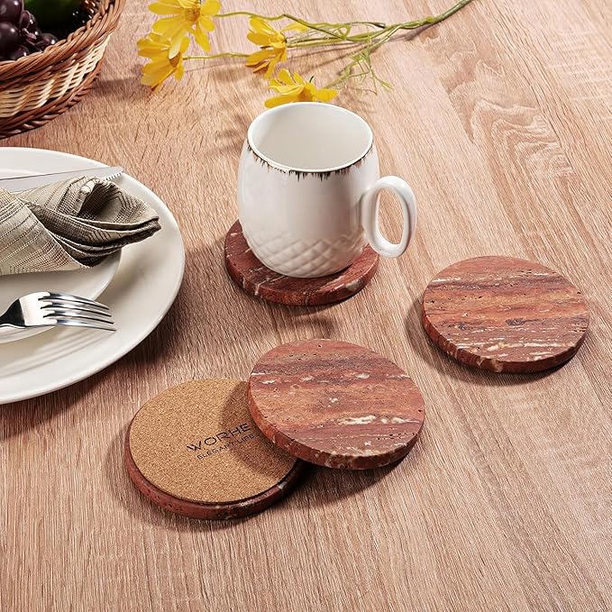 WORHE Marble Coaster for Drinks 4" Diameter Set of 4 Round Travertine Coasters for Home Decor Office Parties Birthday Housewarming Gift, Protect Countertops from Dirty,Sturdy and Tough Red (WH026)