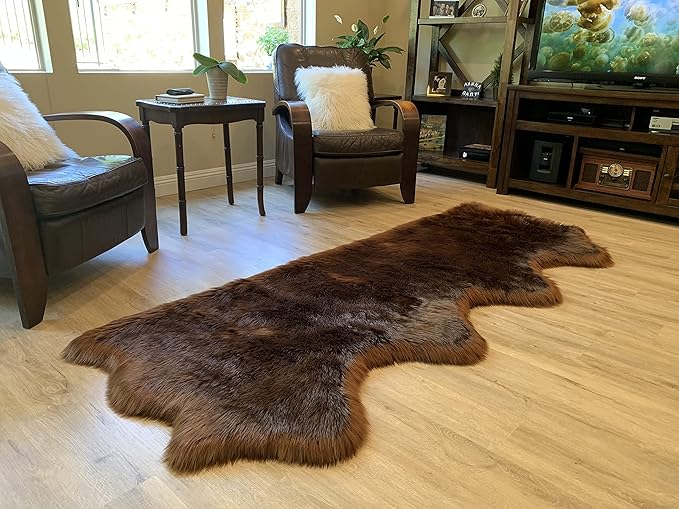 LAMBZY Faux Sheepskin Super Soft Hypoallergenic Silky Shag Rug for Living Room, Kids Room, Sofa (Quarto 4 Pelts Side by Side 3'x8', Brown)