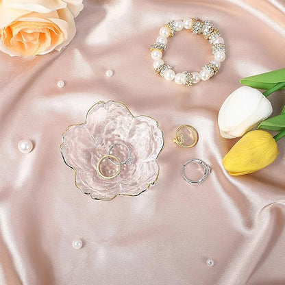 Ouligay Small Cute Jewelry Dish Tray Flower Jewelry Ring Dish Trinket Tray Ring Holder for Women Glass Jewelry Plate Dish with Gilt-Edged Blossom Design Gift for Wife Mom Daughter(Transparent)