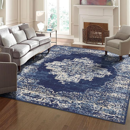 vivorug 5x7 Area Rugs - Ultra-Thin Washable Rug with Non-Slip Backing, Ideal for Living Room, Bedroom, Kitchen Floor Carpet - Vintage, Easy Clean, Durable, Navy Blue
