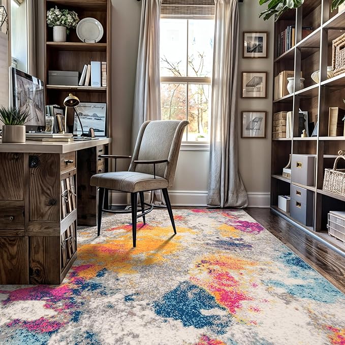 Rugshop Distressed Abstract Watercolor Area Rug, Non-Shedding Multicolor Carpet for Living Room or Open Apartment Layout, 6'6" x 9'