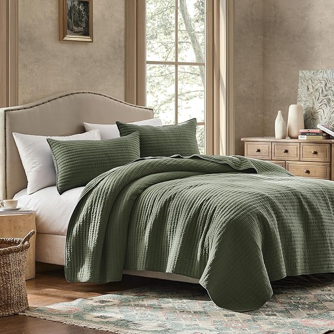 WDCOZY 100% Cotton Twin Size Quilt Set - Olive Green Striped Pick Stitch Soft Lightweight Bedspread, Textured Like Linen, Farmhouse Country Rustic Coverlet, Shabby Chic Gauze Bedding, 2 Pieces