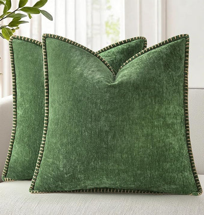 decorUhome Spring Chenille Soft Throw Pillow Covers 18x18 Set of 2, Farmhouse Velvet Neutral Decorative Pillow Covers with Stitched Edge for Couch Sofa Bed Home Decor, Forest Elf