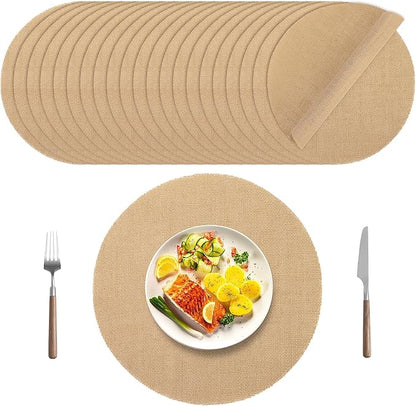 Kochorie 25 Pieces Burlap Placemats 15 Inch Round Reusable Brown Table Mats Natural Jute Fibers Placemats Bulk Circle Rustic Table Decorations for Dining Wedding Holiday Farmhouse Supplies