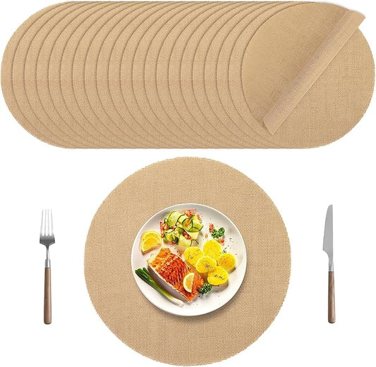 Kochorie 25 Pieces Burlap Placemats 15 Inch Round Reusable Brown Table Mats Natural Jute Fibers Placemats Bulk Circle Rustic Table Decorations for Dining Wedding Holiday Farmhouse Supplies