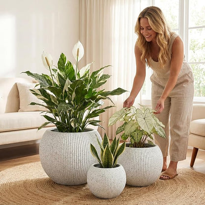 DTY Signature Mount Sherman Modern Indoor Outdoor Fiberstone Sphere Planter, Durable Round Garden Pot, Weather Resistant, Drainage Hole & Rubber Plug (Ribbed White, Large)