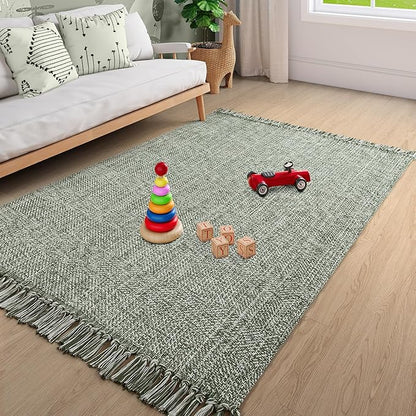 Collive Comfy Area Rug 4' x 6', Olive Green/Cream Woven Cotton Bedroom Rugs, Modern Indoor Accent Rug Floor Carpet with Tassel for Living Room, Nursery Room, Dining Room, Bedside, Office, Patio Decor